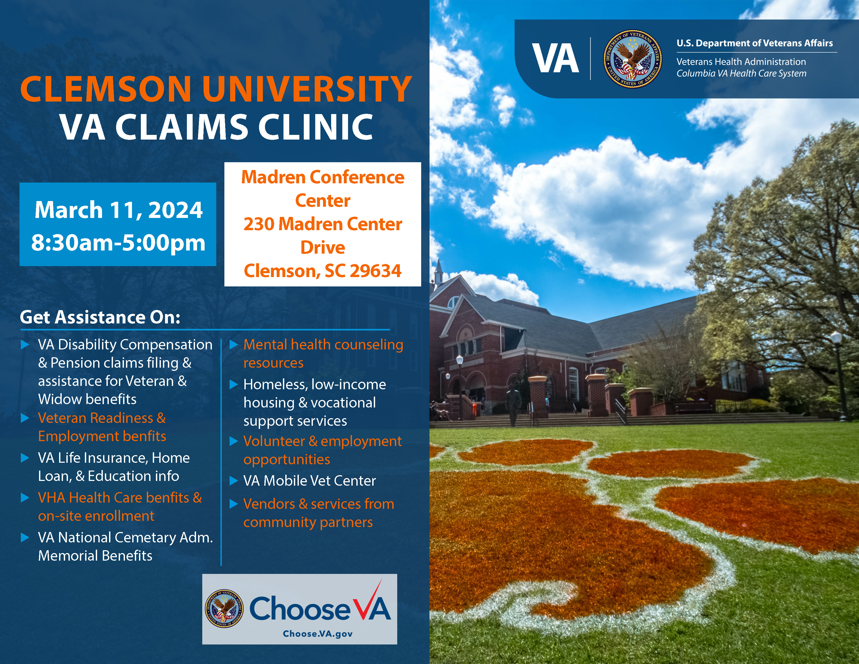 Clemson VA Claims Clinic March 2024 Flyer