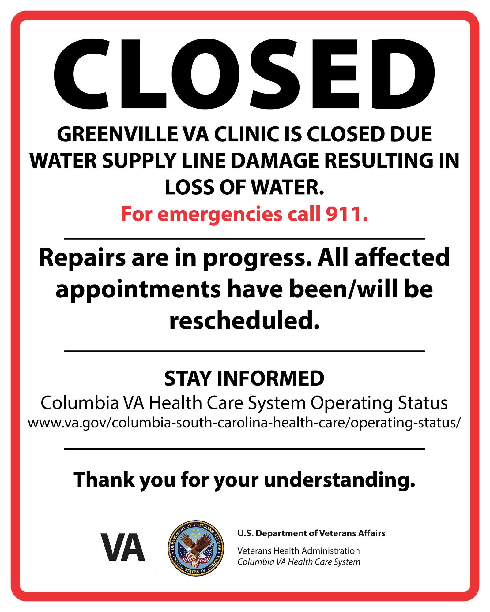 Greenville VA Clinic closed due to water line