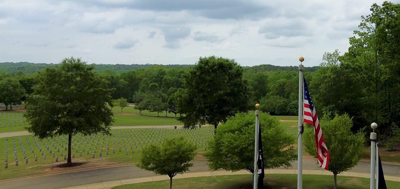 M.J. Dolly Cooper Cemetery arial view with flag poles
