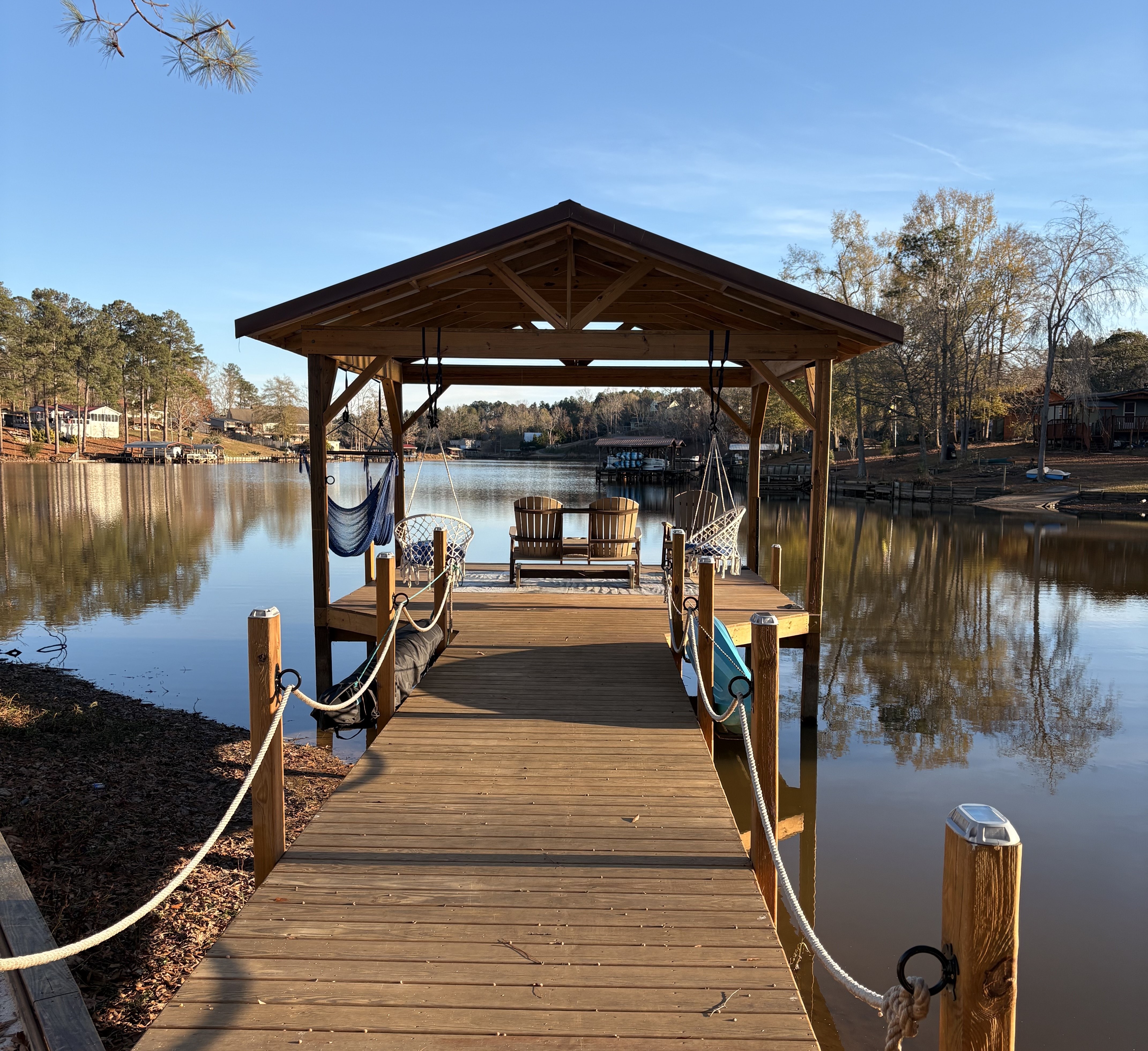 image of two chairs on a dock facing a lake
